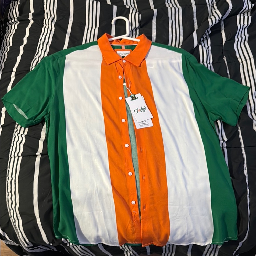 Colorful Men's Shirt with Orange, Green, and White Stripes